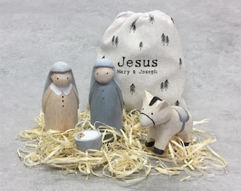 Jesus, Mary and Joseph Small Hand Carved Wooden Nativity Set, Nativity Scene Keepsake Christmas Birthday Gift