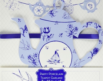 Blue Porcelain Style Tea Party Teapot Card Bunting Garland (3.5 metres)