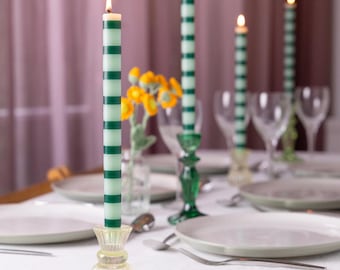 Green Striped Tall Dinner Candles