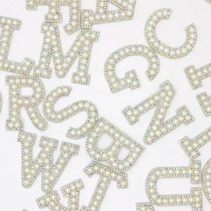 Pearl and AB Diamante Letter Patch Embroidery Alphabet A - Z Rhinestone Patch 4.5cm White Background