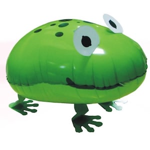 May include: A green inflatable frog with white eyes and black pupils. The frog has a textured surface and black legs.