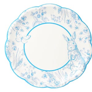 Blaue und weiße Toile de Jouy Häschen-Ostern-Papierteller (10er-Pack)