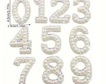 Pearl and AB Diamante Number Patch Embroidery 0 - 9 Rhinestone Patch 4.5cm White Background