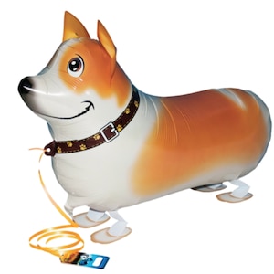 May include: A brown and white inflatable dog balloon with a brown collar and a yellow leash. The balloon has a smiling face and is standing on two white feet.
