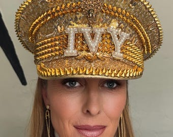 Personalised Name Age Birthday Party, Festival, Hen Gold Punk Rhinestone Jewelled Sequin Captain Hat Crown, Keepsake