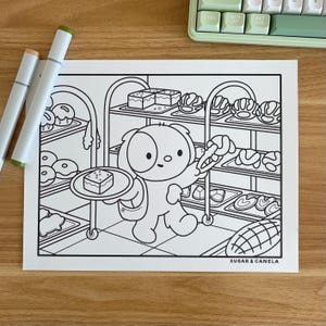 K&ouml;nnte beinhalten: Schwarz-Wei&szlig;-Illustration eines Cartoon-Hundes in einer B&auml;ckerei, der ein Tablett mit einem Brownie h&auml;lt. Die B&auml;ckerei hat Regale voller Geb&auml;ck. Der Text "SUGAR & CANELA" befindet sich unten.