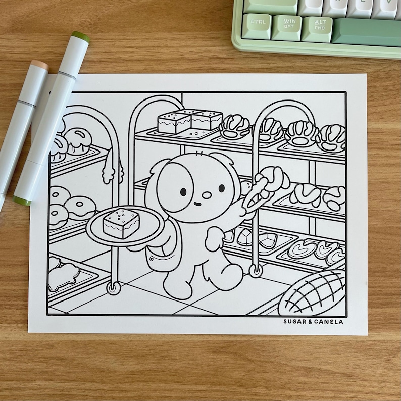 K&ouml;nnte beinhalten: Schwarz-Wei&szlig;-Illustration eines Cartoon-Hundes in einer B&auml;ckerei, der ein Tablett mit einem Brownie h&auml;lt. Die B&auml;ckerei hat Regale voller Geb&auml;ck. Der Text "SUGAR & CANELA" befindet sich unten.