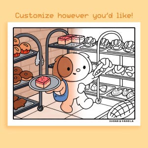 K&ouml;nnte beinhalten: Eine Cartoon-Illustration eines hunde&auml;hnlichen Charakters in einer B&auml;ckerei. Der Hund h&auml;lt einen Teller mit einem St&uuml;ck Kuchen. Das Bild enth&auml;lt den Text "Customize however you'd like!" und "SUGAR & CANELA".