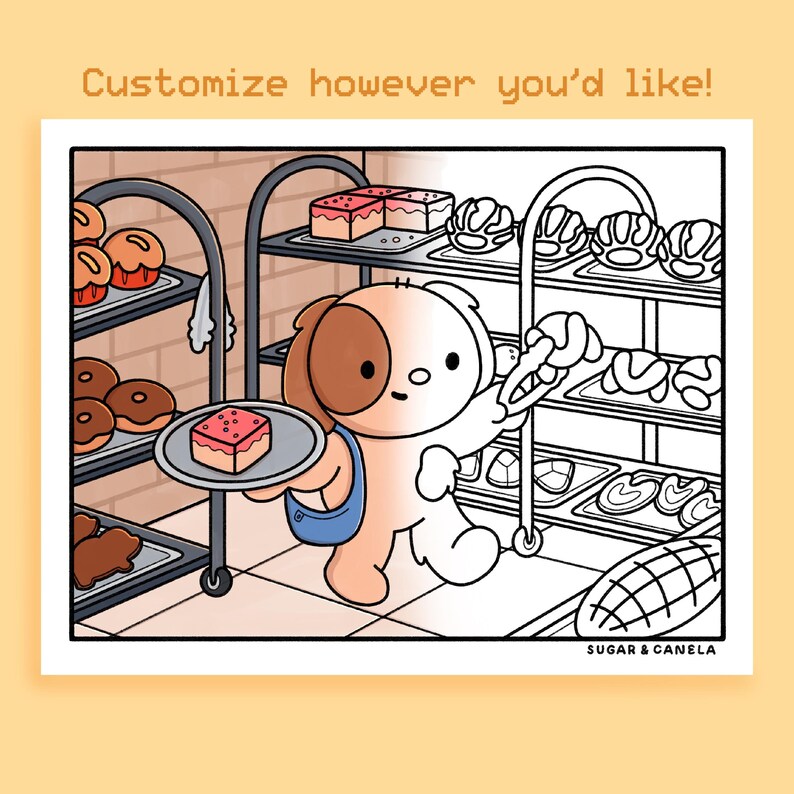 K&ouml;nnte beinhalten: Eine Cartoon-Illustration eines hunde&auml;hnlichen Charakters in einer B&auml;ckerei. Der Hund h&auml;lt einen Teller mit einem St&uuml;ck Kuchen. Das Bild enth&auml;lt den Text "Customize however you'd like!" und "SUGAR & CANELA".