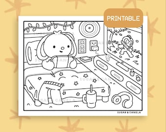 Gemütliche Nacht im Malbuch - PRINTABLE - Niedliche Malseite - Druckbare Malseite für Erwachsene und Kinder