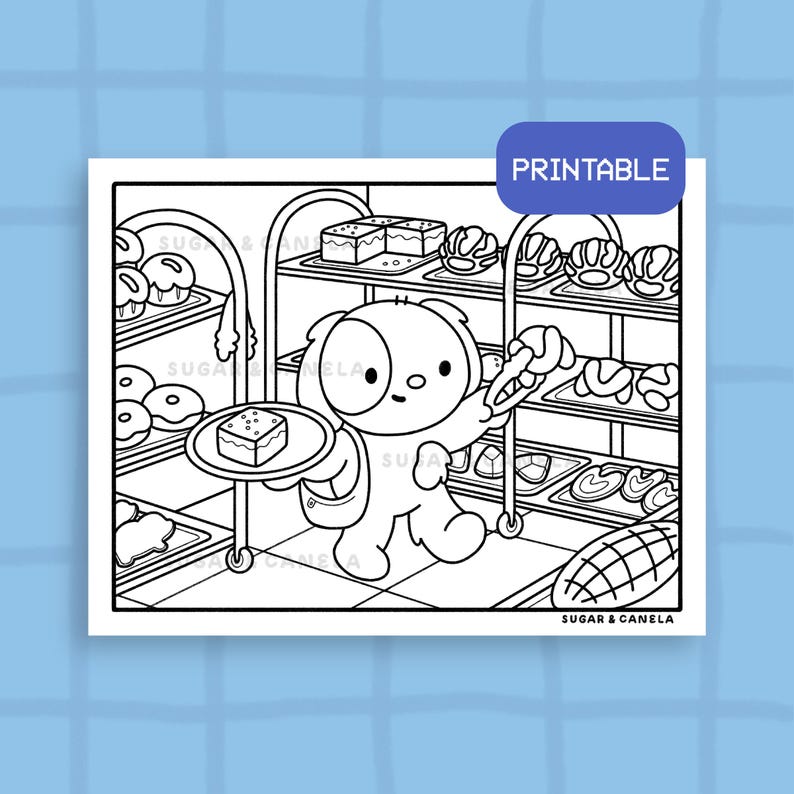 K&ouml;nnte beinhalten: Schwarz-wei&szlig; ausdruckbare Malvorlage mit einem Cartoon-Hund in einer B&auml;ckerei. Der Hund h&auml;lt einen Teller mit Geb&auml;ck und einem Croissant. Das Bild enth&auml;lt den Text "PRINTABLE" und "SUGAR & CANELA".