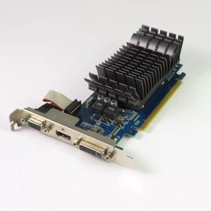 May include: A blue and gold computer graphics card with a black heat sink. The card has multiple ports, including DVI, HDMI, and VGA. A ribbon cable is attached to the card.