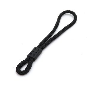 May include: Black corded loop with a plastic connector. The loop is made of tightly woven black rope, and the connector has six small holes. The item is set against a white background.