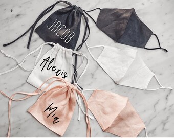 Cotton Linen Face Mask + Personalized Matching Bag,