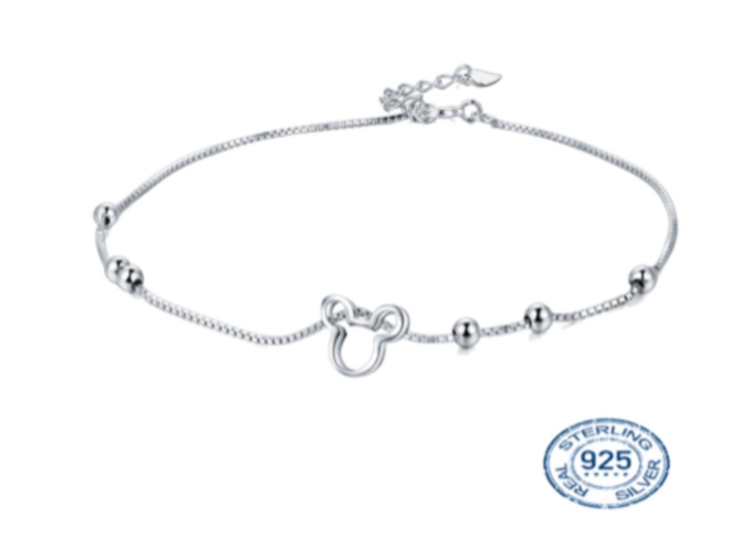 18K White Gold Plated Sterling Silver Anklet, Mickey Anklet, Dainty