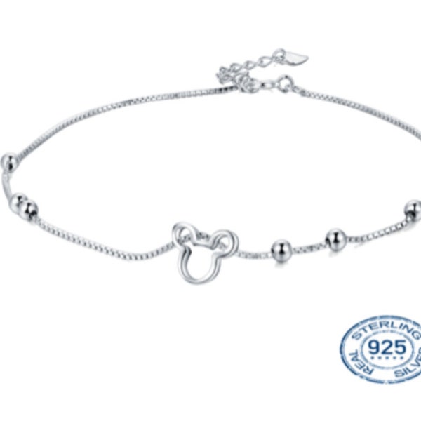 18K white gold plated Sterling silver anklet, Mickey Anklet, Dainty Anklet, Disney inspired Anklet, Anklet, Simple Sterling Silver Anklet