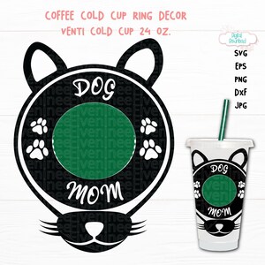 Op de afbeelding: Zwart-witte hond mama ontwerp voor een 24 ounce koude beker. Het ontwerp heeft een hondenkop met poot afdrukken en de tekst "DOG MOM".