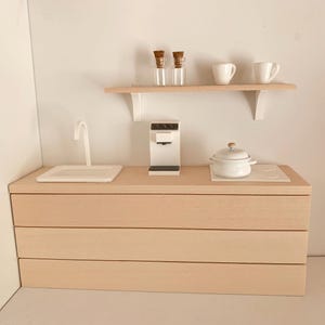Scandinavian Dollhouse Kitchen, Modern Wooden Toy, Detailed Miniature in Scale 1:12 Scale, Handmade Furniture and Decorations Set