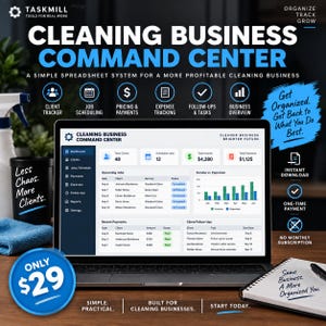 May include: A digital cleaning business command centre spreadsheet displayed on a laptop screen. The interface features a dashboard with client trackers, job scheduling, income, expenses, and follow-up tasks. Text includes Cleaning Business Command Centre.