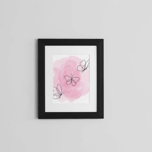 Minimalist Butterfly Line Art | 8x10 Digital Wall Art Print | Pink Watercolor Background | Modern Boho Home Decor - INSTANT DOWNLOAD