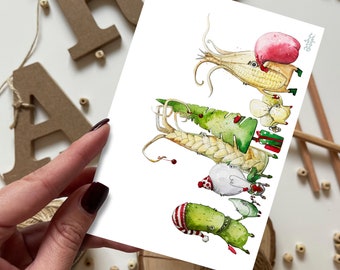 Cartolina di verdure di Natale | Biglietto d'auguri, cartolina opaca, verdure, mais, cartolina, cartolina vegana, cibo kawaii