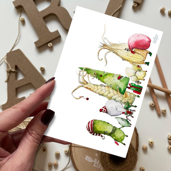 Weihnachts-Gemüse Postkarte | Grußkarte, Matte Postkarte, Gemüse, Mais, Postkarte, Vegane Postkarte, Kawaii Food