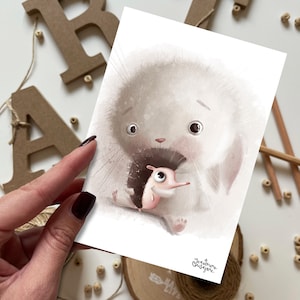 Cartão postal de coelho e ouriço | Cartão postal, cartão de felicitações, cartão postal de feliz aniversário, cartões postais de animais, lebres, cartão de felicitações