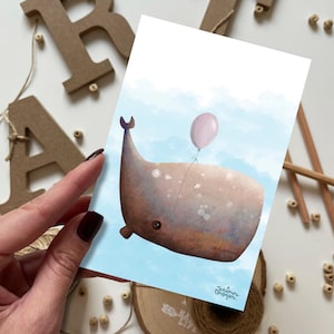Carte postale Baleine avec ballon | Carte postale, carte de vœux, carte postale d'été, carte postale de joyeux anniversaire, cartes postales d'animaux, cartes postales de forêt