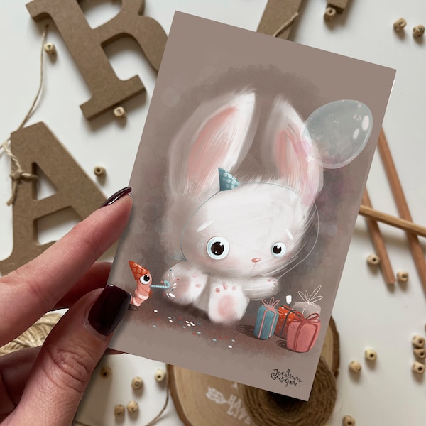 Lapin avec un cadeau Carte postale | Carte postale, Carte de vœux, Carte postale d’été, Carte postale de joyeux anniversaire, Cartes postales d’animaux, Lièvres, Carte de félicitations