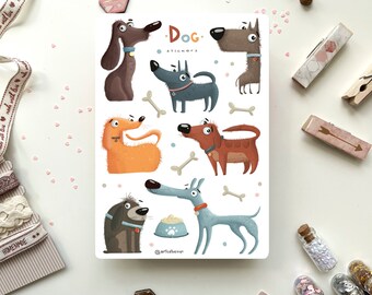 Pode incluir: Uma folha de adesivos de cães coloridos com diferentes raças e poses. Os adesivos apresentam uma variedade de cores, incluindo marrom, laranja, vermelho, azul e cinza. O texto "Dog Stickers" está impresso na parte superior da folha.