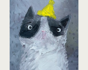 Gato con sombrero amarillo, Cuadro Acrílico, Cuadro de Gato, Retrato de gato bebé, Pintura, Arte sobre lienzo, Lienzo sobre bastidor 30x25 cm