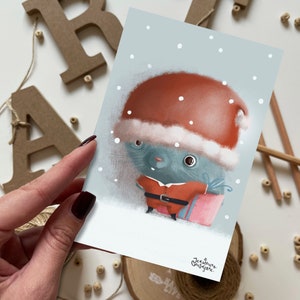 Cartão postal de coelho do Papai Noel com um presente | Cartão postal, cartão de felicitações, cartão postal de feliz aniversário, cartões postais de animais, lebres, cartão de felicitações