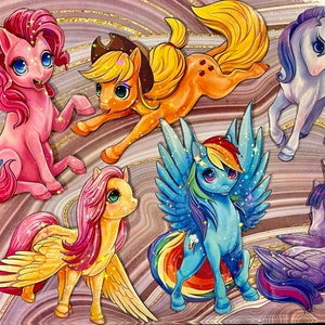 May include: A set of six colorful cartoon pony figurines with glitter accents. The ponies are all different colors and have different hairstyles. They are all standing on a marble-like surface.