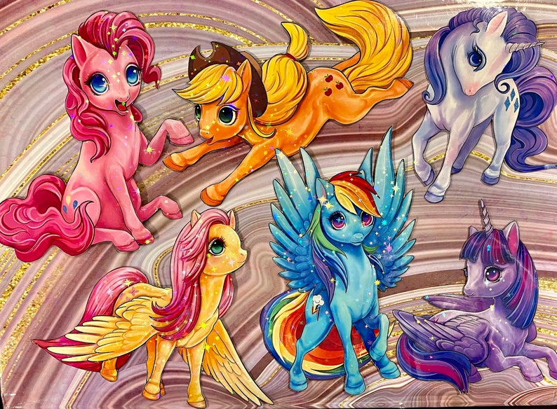 May include: A set of six colorful cartoon pony figurines with glitter accents. The ponies are all different colors and have different hairstyles. They are all standing on a marble-like surface.