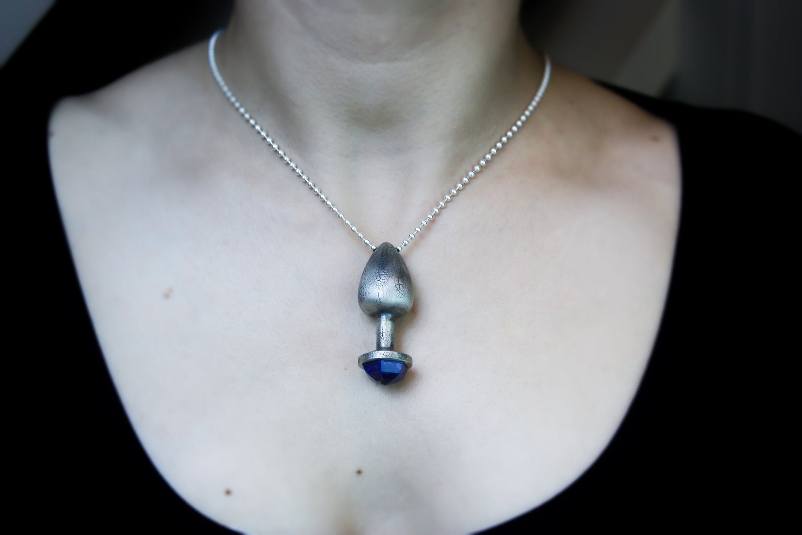 Stylish Textured Silver Butt plug Necklace With Natural Lapis Etsy