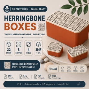 Puede incluir: Tres cajas de almacenamiento rectangulares de color naranja con tapas de color crema que presentan un patrón de espiga negro. La imagen incluye texto: HERRINGBONE BOXES, 32 BOXES, 8 SHAPES, 4 SIZES, 3MF + STL, ORGANIZE BEAUTIFULLY. PRINT EFFORTLESSLY y PLA 0.4 mm nozzle.