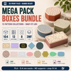 Puede incluir: Un paquete digital Mega Pack Boxes Bundle con 104 cajas, 13 patrones y 8 formas. Incluye archivos 3MF y STL para impresión 3D con tapas de ajuste a presión. La imagen muestra cuatro muestras de cajas físicas con tapas estampadas.