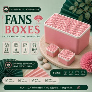 Puede incluir: Un conjunto de cajas de almacenamiento rosas rectangulares y cuadradas con tapas blancas con un patrón de ondas rojas. El texto incluye FANS BOXES, 32 BOXES, 8 SHAPES, 4 SIZES, 3MF + STL, ORGANIZE BEAUTIFULLY. PRINT EFFORTLESSLY, MINI, SMALL, MEDIUM, LARGE, PLA, 0.4 mm nozzle, NO supports y snap-fit lid.