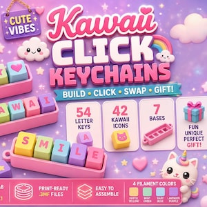 Puede incluir: Un conjunto de llaveros de clic personalizables con bases rectangulares rosas y teclas cuadradas de colores en amarillo pastel, verde menta, azul bebé y lavanda. La imagen muestra 54 teclas de letras, 42 iconos y 7 bases.