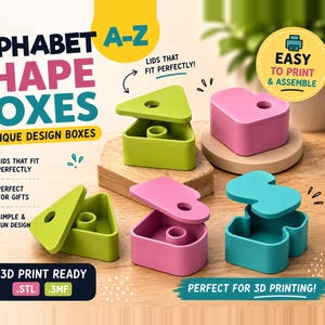 Puede incluir: Un conjunto de cajas con formas del alfabeto imprimibles en 3D en verde lima, rosa y azul cerceta. El set incluye varios recipientes geométricos y con forma de letra con tapas que encajan perfectamente. El texto dice ALPHABET A-Z SHAPE BOXES, 26 UNIQUE DESIGN BOXES, EASY TO PRINT & ASSEMBLE, 3D PRINT READY, .STL, .3MF y PERFECT FOR 3D PRINTING.