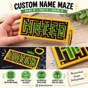 Puede incluir: Un rompecabezas de laberinto con nombre personalizado rectangular que presenta el nombre HATEO en letras verdes rodeadas por paredes de laberinto negras dentro de un marco amarillo. Incluye un mosquetón amarillo y pequeñas bolas.