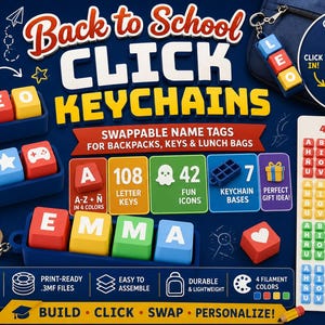 Puede incluir: Un conjunto de llaveros de clic personalizables con etiquetas de nombre intercambiables para mochilas y llaves. El kit incluye 108 teclas de letras en cuatro colores, 42 iconos divertidos y 7 bases para llaveros. El diseño permite hacer clic e intercambiar bloques de letras individuales para personalizar las etiquetas.