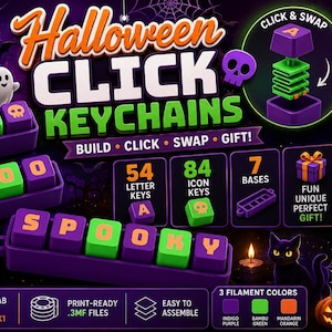 May include: Halloween click keychains featuring purple bases and interchangeable green or purple keys with orange letters or icons. Includes 54 letter keys, 84 icon keys, and 7 bases. The system allows users to build, click, and swap components.