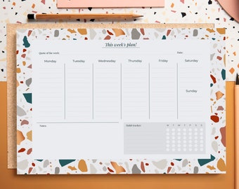 Terazzo Weekly Planner Pad | Cute memo pad with daily agenda and habit tracker | Tear off notepad