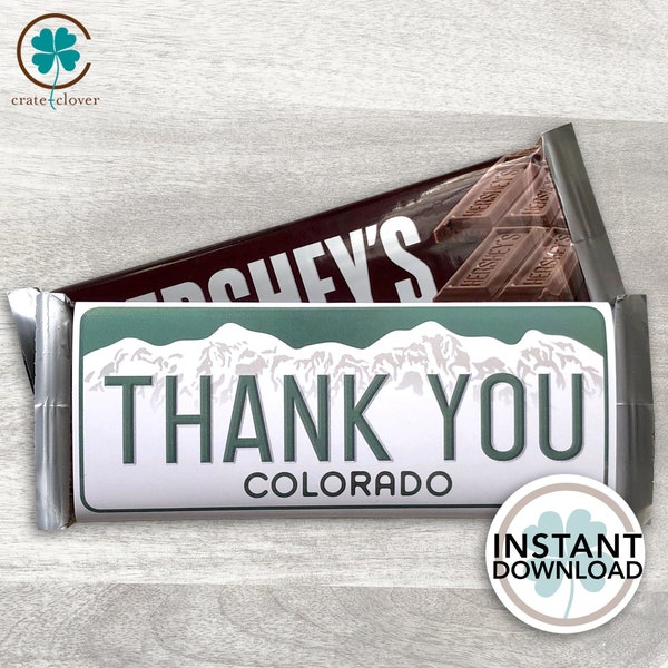 Colorado Thank You Gift | PRINTABLE | Chocolate Candy bar wrapper | INSTANT DOWNLOAD | Wedding Favor | Colorado License Plate | Party Favor