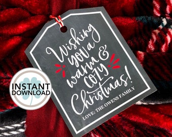 Christmas Gift Tag | Wishing you a warm and cozy Christmas | PRINTABLE | Gift Tag | INSTANT DOWNLOAD | Holiday Gift Tag | Add Your Name
