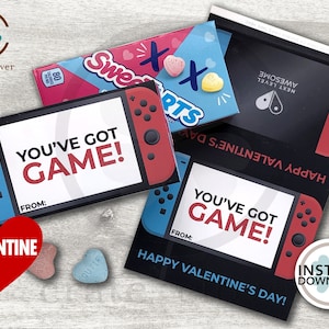 Puede incluir: Tarjeta de San Valentín imprimible con un diseño de Nintendo Switch con el texto "You've Got Game!" y "Happy Valentine's Day!" en rojo y negro.