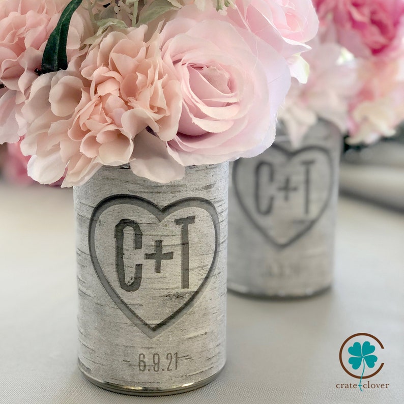 Rustic Wedding Decor Birch Tree Vase Wrap PRINTABLE Carved Heart Initials Bridal Shower Personalized Wedding Decor DIY Wedding image 4