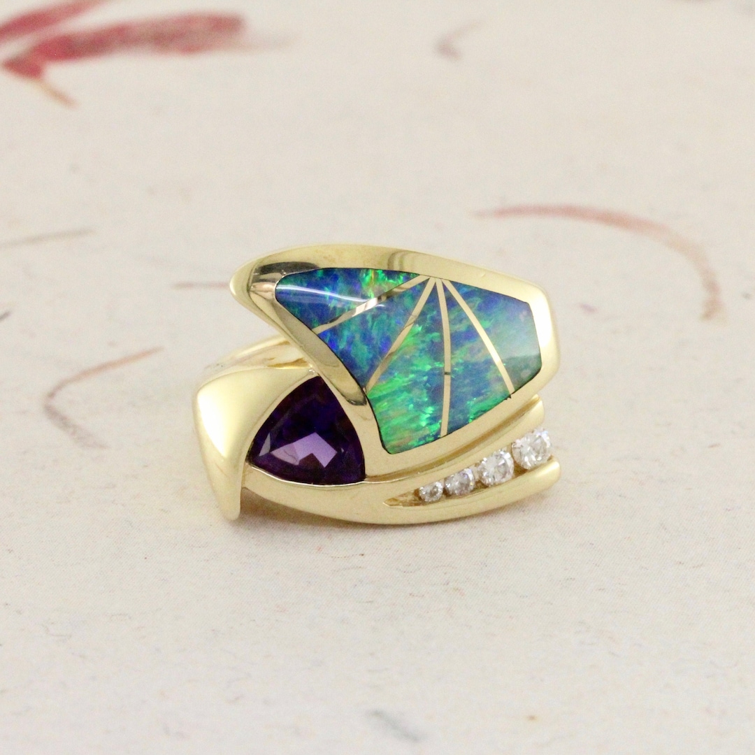Vintage KABANA Inlaid Opal, Amethyst, and Diamond 14K Yellow Gold Ring,  Size