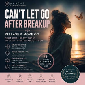 May include: Digital audio product titled CAN'T LET GO AFTER BREAKUP, featuring text about emotional reset, healing, and moving on. Includes icons for brain, heart, lotus, and person, plus details on high-quality audio, MP3, WAV, and sound therapy.
